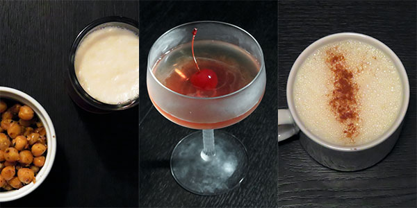 Composite of Alcoholic Beverages: Spiked Eggnog, Beer With Roasted Chickpeas, and a Manhattan