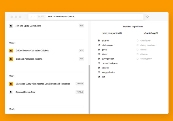 Kitchenlister Meal Plan Screenshot