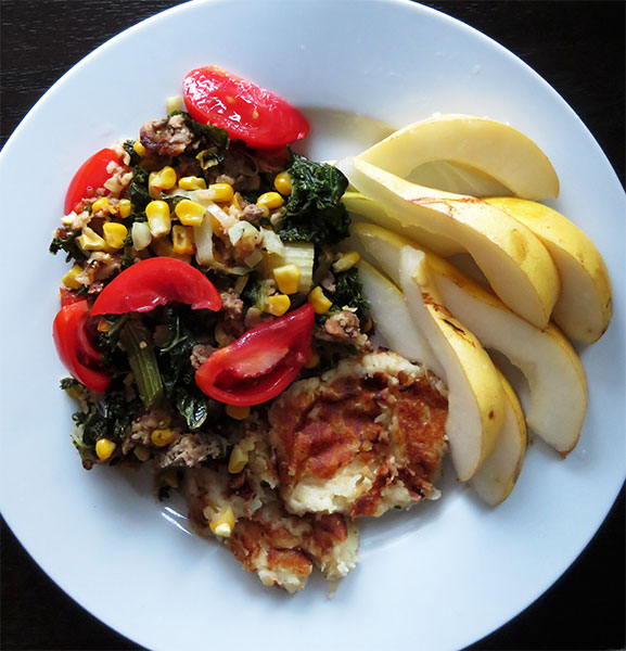 Meatloaf and Vegetable Hash with Potato Cakes and Pears