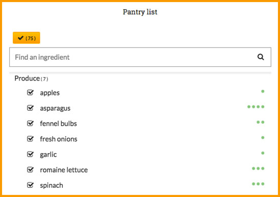 Screenshot of Kitchenlister Pantry View With Less Perishable Produce Items Remaining