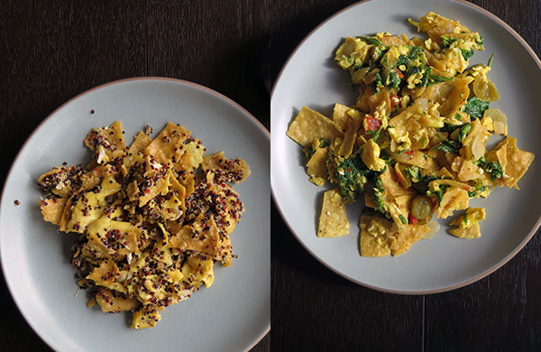 Migas Made With Leftover Quinoa Nachos and With Turnip Greens and Tomatillo Salsa