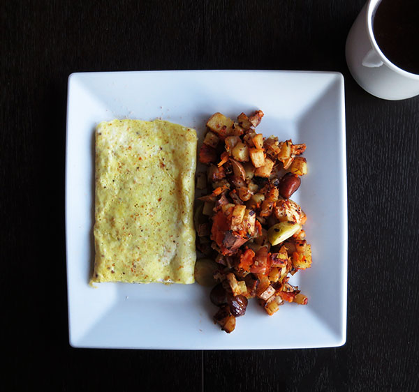 Mixed Potato Hash With a Leek and Blue Cheese Omelet