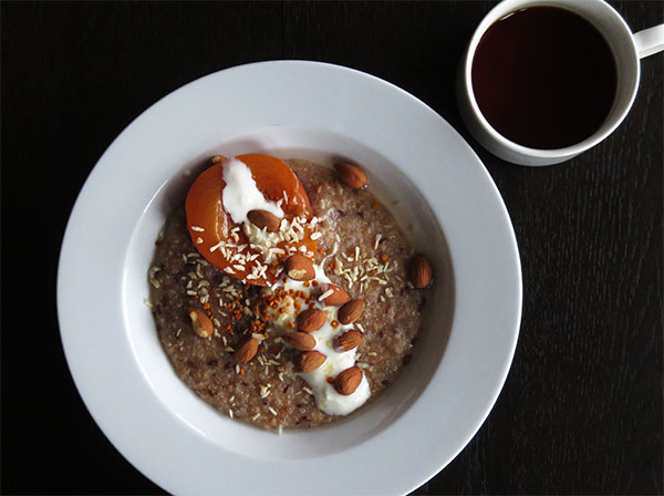 Old World Hot Cereal Blend With Canned Nectarines, Yogurt, Almonds, Coconut and Bee Pollen