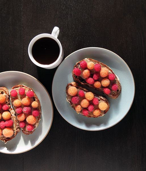 Red and Orange Raspberries on Gruyere Toasts