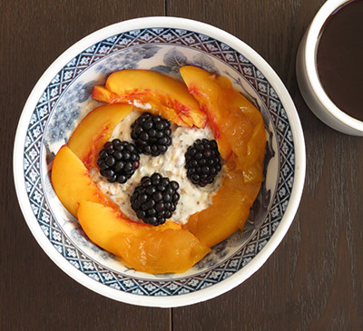 Overnight Oats and Chia Pudding Combo made with Yogurt and Topped with Nectarines, Pluots, and Blackberries