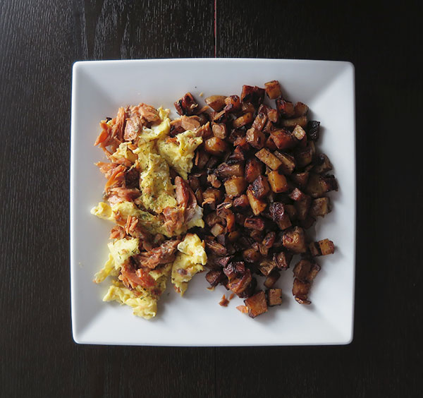 Panfried Potatoes with Smoked Salmon Scrambled Eggs