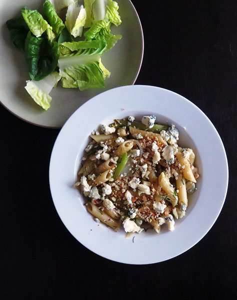 Pasta With Roasted Asparagus Ends, Fennel, Onion, Green Garlic, Blue Cheese and Brazil Nuts