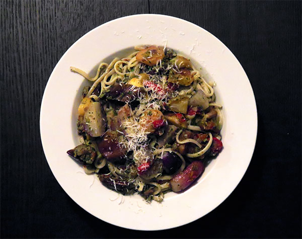 Fresh Linguine Pasta With Roast Eggplant and Radishes, Cumin- Spiced Ground Beef, Braised Sweet Peppers, and Cilantro-Brazil Nut Pesto
