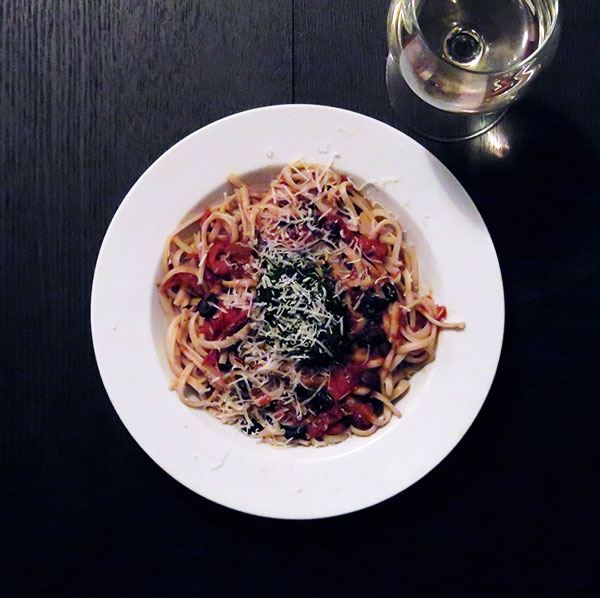 Linguine Pasta With Black Bean Tomato Sauce and Celery Puree