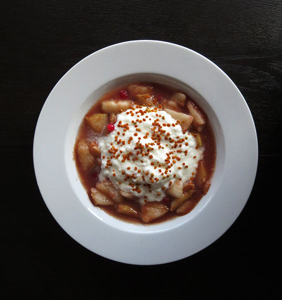 Pear Sauce With Lingonberries Topped With Yogurt and Bee Pollen