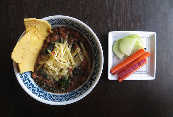 Pinto Bean, Quinoa and Greens Soup With Pepper Jack Cheese, Corn Tortillas and Pickled Vegetables