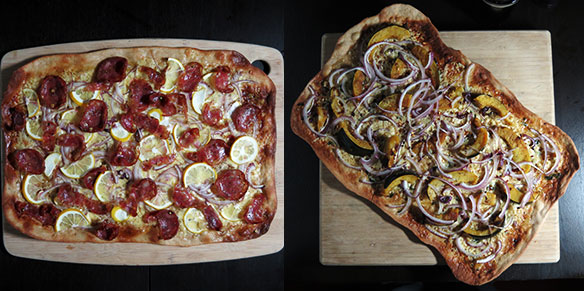 Composite of Whole Wheat Pizzas With Salami, Meyer Lemon, Roasted Squash and Red Onions