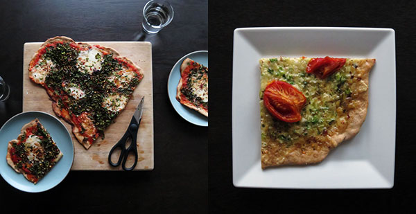 Homemade Pizza Two Ways: Mozzarella and Kale, and Tomatoes and Green Garlic