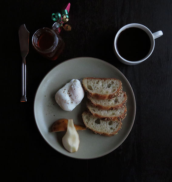 Poached Egg With Fresh Baguette, Raw Honey and Bosc Pears