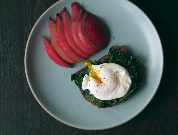 Braised Green on Toast With a Poached Egg and Pears