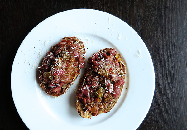 Smashed Red Beans on Toast with Vinegar and Parmesan