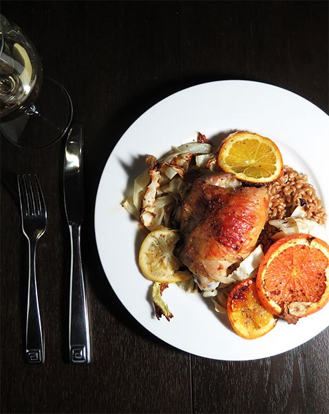 Sheet Pan Roast Chicken With Oranges and Cabbage