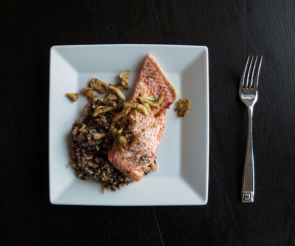 Roast Wild King Salmon With Sautéed Porcini Mushrooms and Green Garlic Served With Wild and Brown Rice Blend