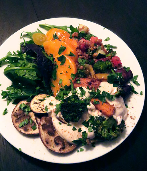 Roast Vegetables on Wheat Berry and Green Salads with Yogurt-Tahini Sauce