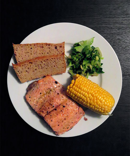 Roasted Coho Salmon With Corn, Celery and Kohlrabi Salad, and Homemade Bread