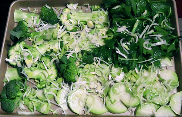 Roasting Vegetables on a Sheet Pan: Broccoli, Celery, Kohlrabi, and Leeks