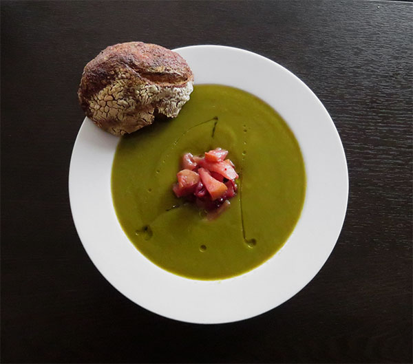 Pureed Root Vegetable and Lettuce Soup With Apple-Pear Compote