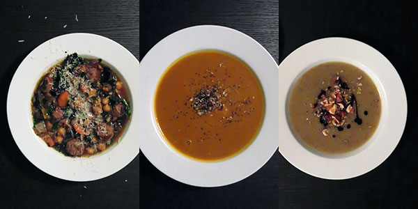 A Selection of Soups: Sunchoke-Potato, Curried Squash, and Bean, Kale and Andouille Sausage