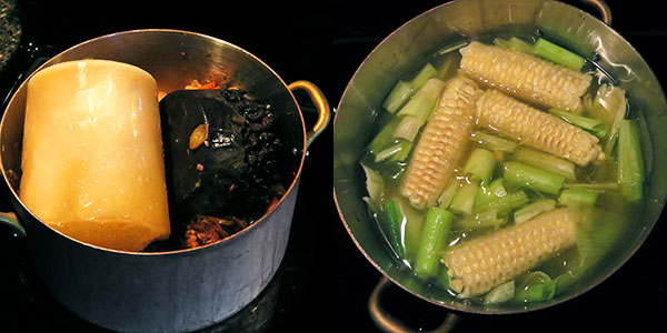 Composite of Thawing Stock in Pot and Making Corn Broth