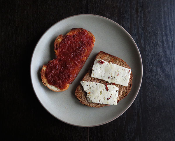 Feta Cheese Whole Wheat Toast and Raisin Bread Toast With Apricot Rose Spread