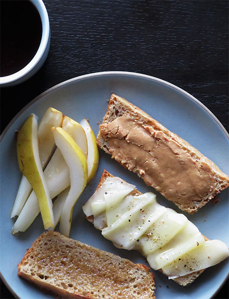 A Toast Trio: Peanut Butter, Honey, and Fontina Cheese With Fresh Pears