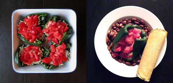 Tomato and Cheese Stuffed Poblano Peppers Served With Pinto Beans Cooked From Scratch and Homemade Corn Tortillas