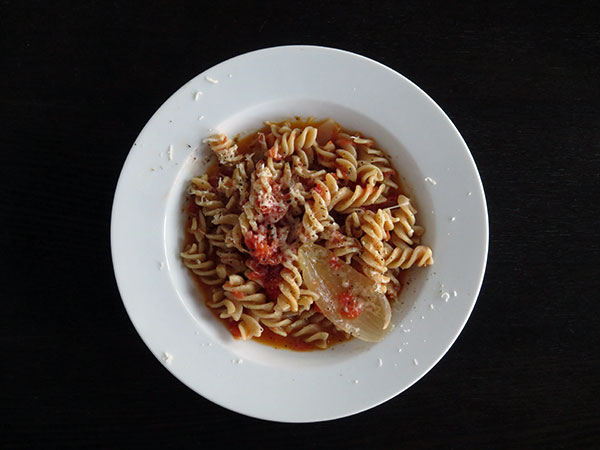 Tomato Sauce With Onion and Butter on Fusilli Pasta