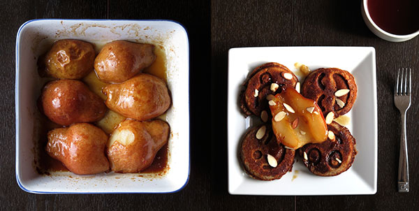 Whole Grain Pancakes Topped with Maple Baked Pears & Slice Almonds