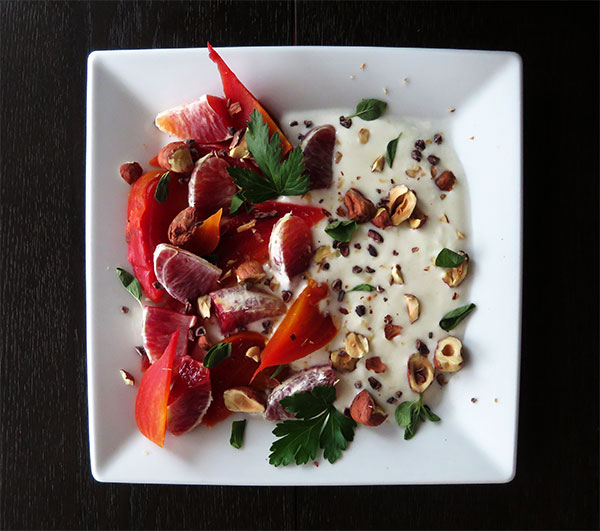 Yogurt with Roasted Beets, Blood Oranges, Hazelnuts, Cocoa Nibs and Parsley