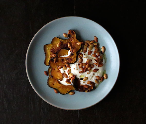 Plain Yogurt With Roast Acorn Squash, Olive Oil and Toasted Squash Seeds