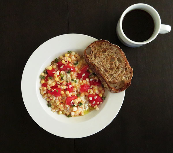 Savory Yogurt with Corn and Tomato Salad, Olive Oil, Sunflower Seeds and Fennel Greens with Bread